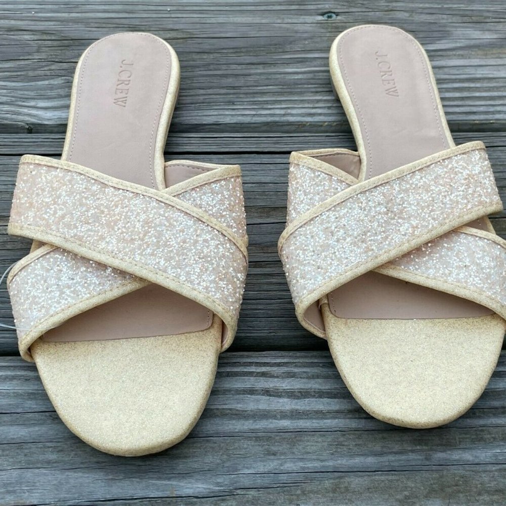 J. Crew Women Sandal Flat Shoes Sparkling man made Upper Gold Tone Size 10 - Picture 3 of 12